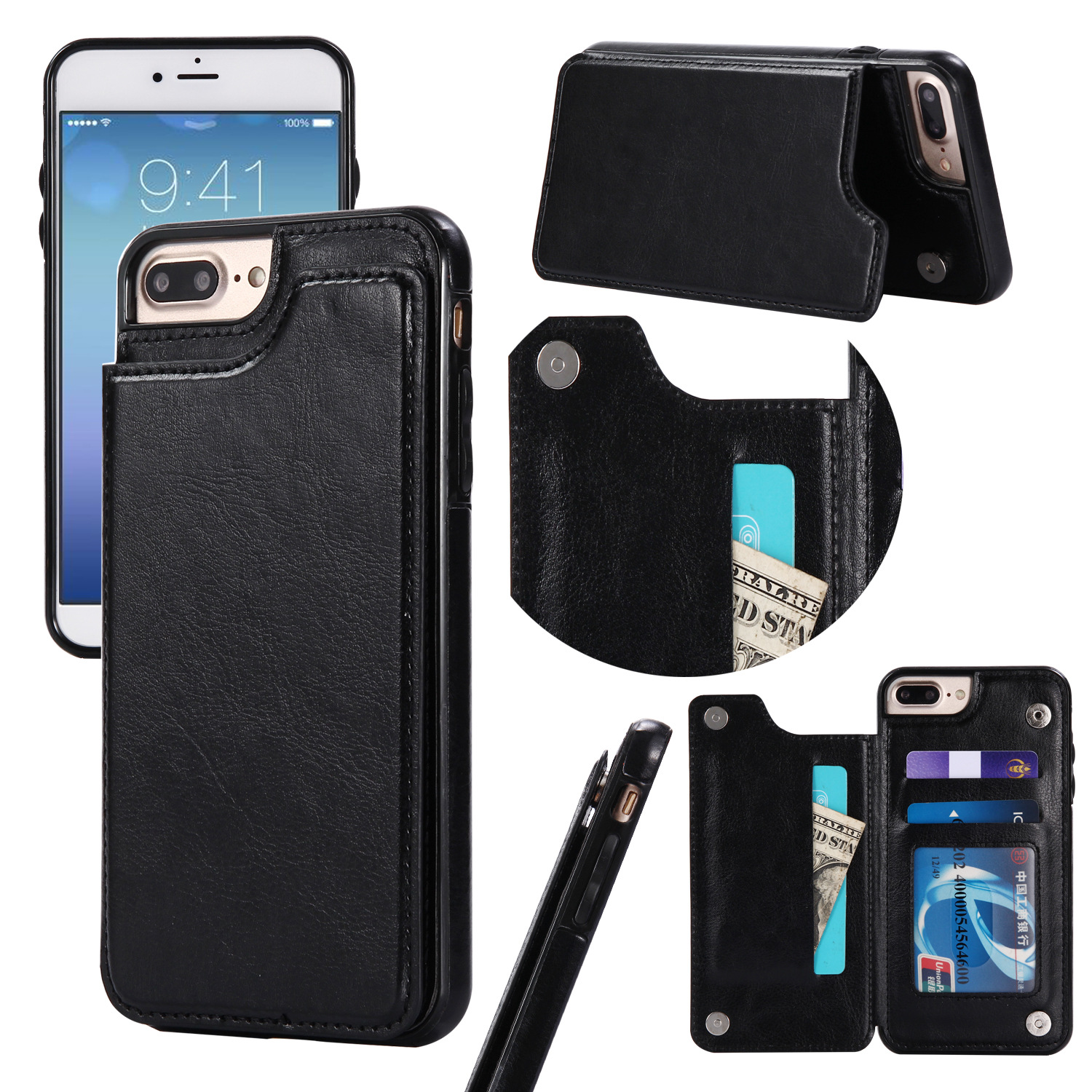 iPhone 8 Plus / 7 Plus Flip BOOK Leather Style Credit Card Case (Black)